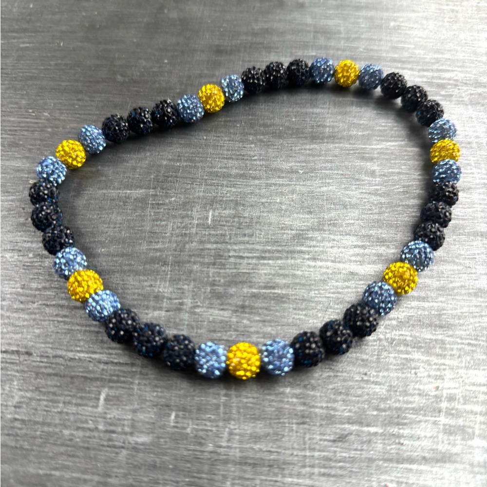 Baseball Beaded Necklace Navy, Light Blue & Yellow Sparkle Beads Team Sports